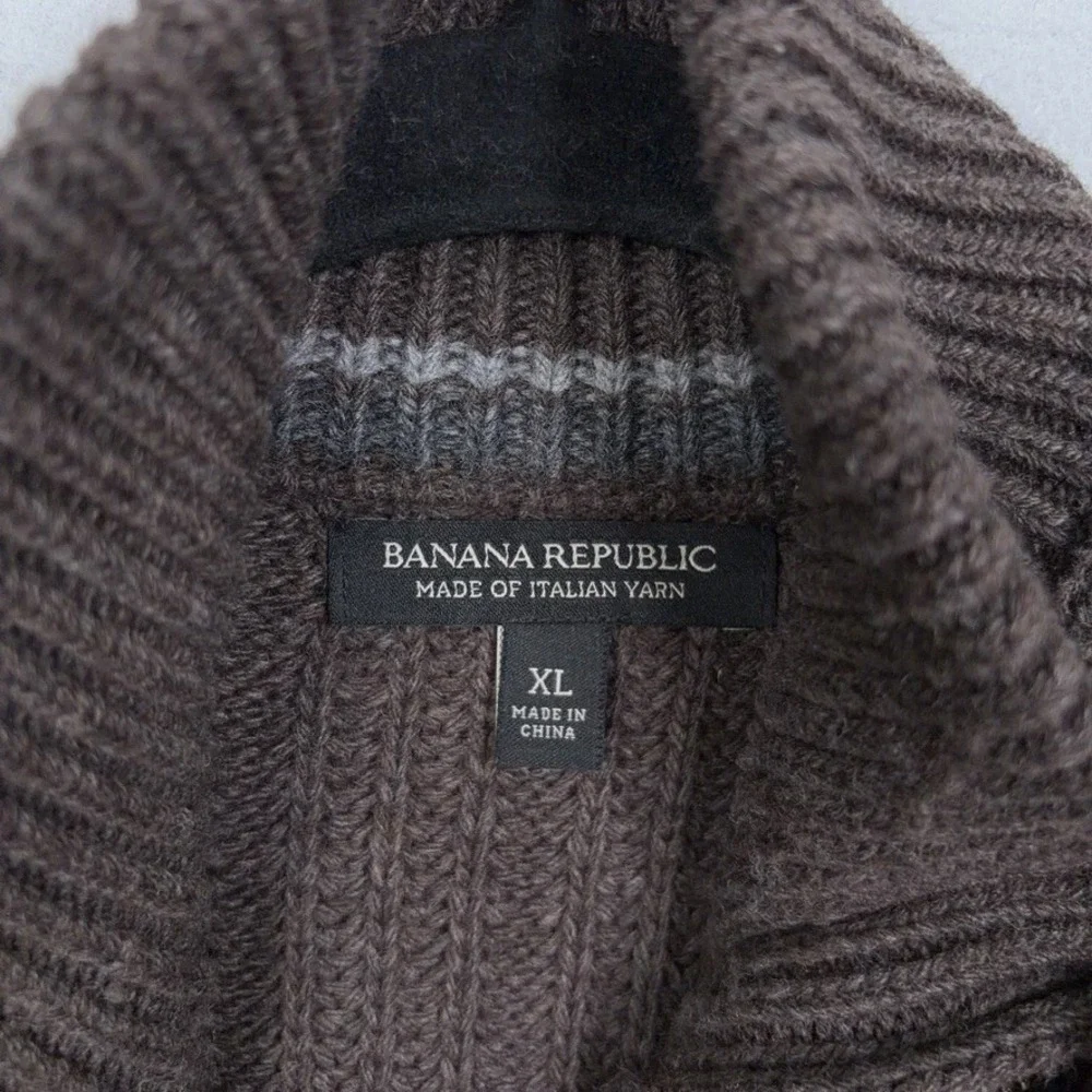 Banana Republic Sweater Men XL Brown Ribbed Full Zip Wool Leather Elbow Patch